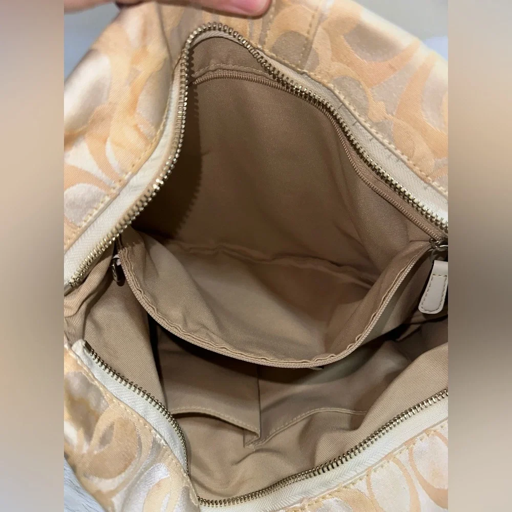 COACH Pearl White + Beige Canvas and Leather Carly Hobo Bag No H09873-F13981 - Picture 13 of 16